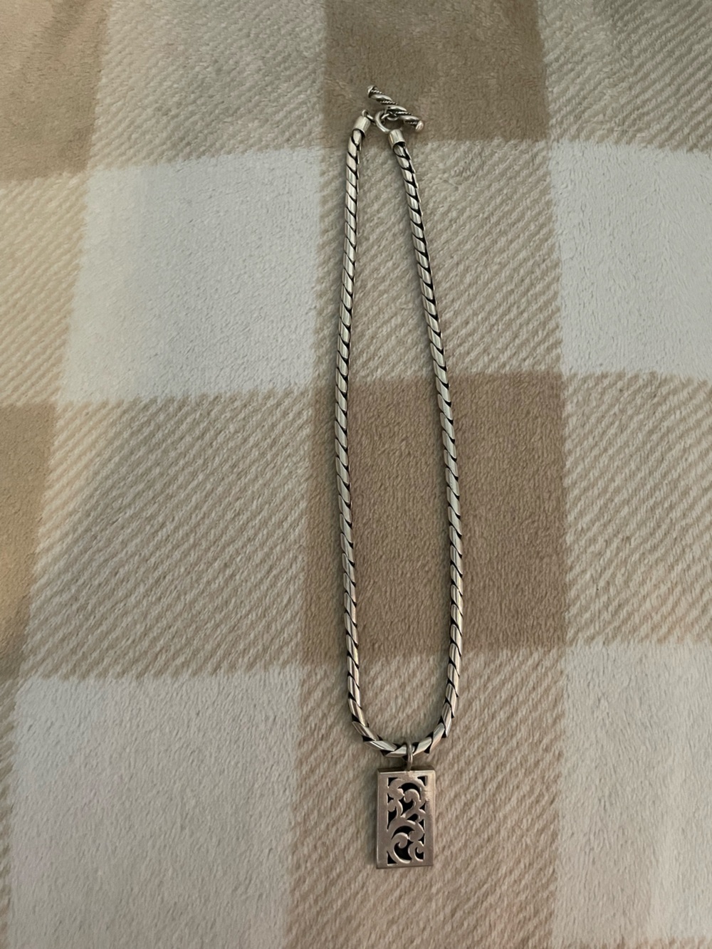Vintage Lois Hill 925 Sterling Silver Herringbone Chain Rectangle Pendant